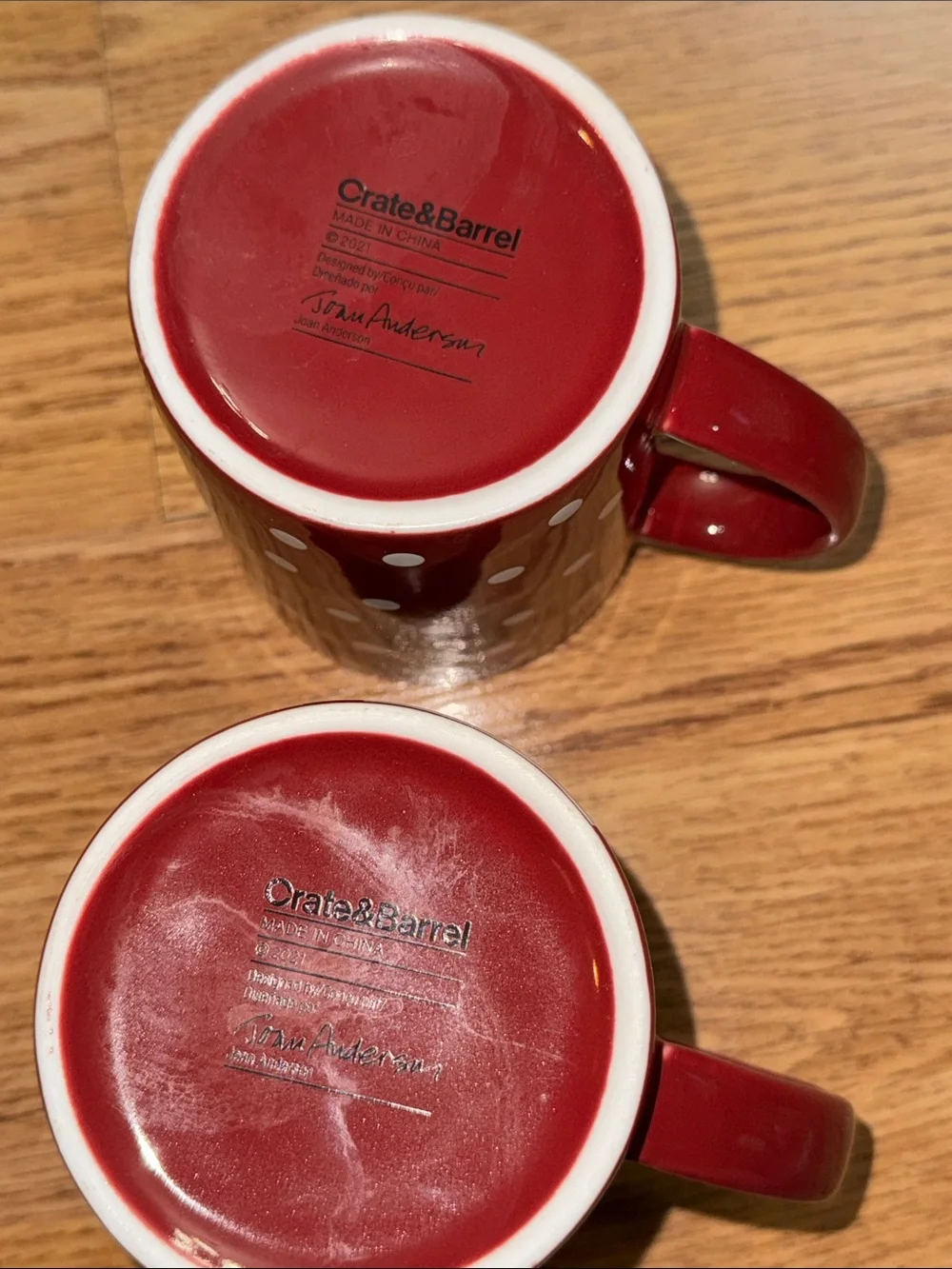 Crate & Barrel Festive Red Snowman Mug Set - 2 Holiday Coffee Mugs Cups